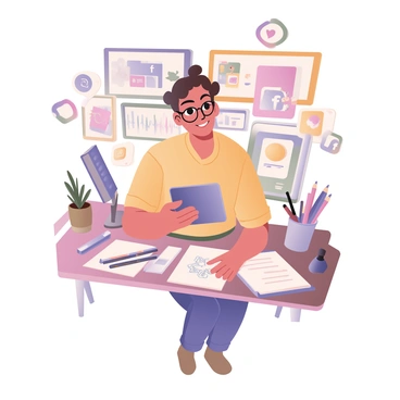 A digital flat illustration depicting an illustrator sitting at a desk, surrounded by art supplies such as colored pencils and sketchbooks. The illustrator has curly hair and glasses, wearing a bright yellow t-shirt and blue jeans. They are smiling while holding a tablet displaying their artwork. Various social media icons, such as "Instagram," "Twitter," and "Facebook," are floating around them, showcasing their work. The background features a colorful wall with framed illustrations. A plant is on the desk, adding a touch of greenery to the scene.