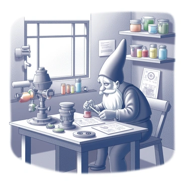 A gnome with a long, white beard wearing a pointed hat is focused on several strange devices in a cluttered workshop. The gnome is seated at a wooden workbench covered with various tools and mechanical parts. Surrounding the gnome are shelves filled with jars of colorful liquids, odd-shaped metal components, and blueprints scattered about. A small window allows light to filter in, casting shadows over the intricate designs. The gnome is adjusting a peculiar contraption with gears and levers, showing concentration and skill in his craft.