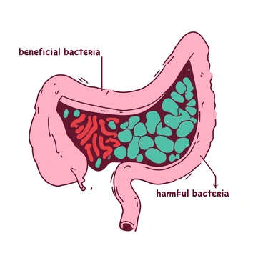 A detailed illustration shows a cross-section of a human intestine. The inner walls of the intestine are depicted in a soft white hue. Various microorganisms are represented as colorful shapes, with some having a teal color and others in a contrasting red. The microorganisms are shown in clusters, indicating different types and balances within the microbiome. Some microbes are round, while others are spiral-shaped or rod-like, showcasing diversity. Labels for "beneficial bacteria" in teal and "harmful bacteria" in red are included to denote their functions. The overall composition emphasizes the intricate relationship and balance within the intestinal microbiome.