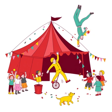 A red tent with stripes is prominently featured, showcasing a bustling scene from the Circus McGurkus. In the center, a group of playful performers is engaging with the audience. One performer, dressed in a bright yellow clown costume with oversized shoes, is juggling colorful balls while balancing on a unicycle. Nearby, a teal acrobat performs an impressive flip high above, suspended from the tent's colorful fabric. Children in the audience are cheering excitedly, and a small yellow dog is playfully chasing after confetti that has fallen to the ground. Various colorful banners hang from the tent, adding to the festive atmosphere.