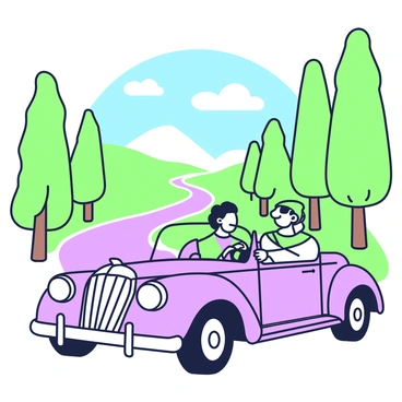 A couple is seated in a classic vintage car as they enjoy a scenic drive. The car features rounded edges and chrome details, with the hood gleaming under the sun. The woman is wearing a stylish scarf that flutters in the breeze; her hair is styled in soft waves. The man wears sunglasses and grips the steering wheel confidently. Outside the car, towering trees line the winding road, with hills gently rising in the background. A clear blue sky stretches above, dotted with fluffy clouds. The couple appears relaxed and happy as they take in the beautiful scenery around them.