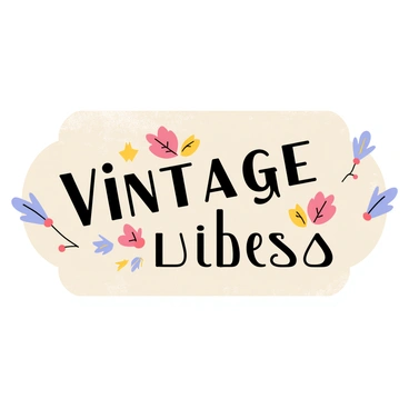 A logo featuring bold typography in the center with the text "Vintage Vibes" prominently displayed. The typography has thick lines and a slightly curved shape. Surrounding the text are decorative elements in vintage colors, including faded reds, soft yellows, and deep blues. The background is a textured cream color, adding a retro feel to the overall design.