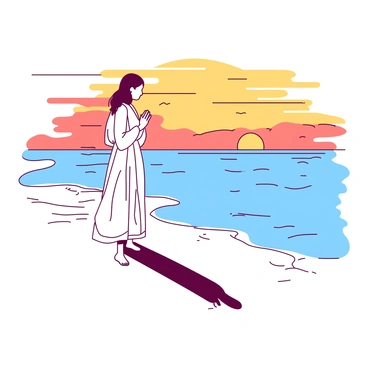A person is standing at the water's edge with hands clasped in prayer. The figure is silhouetted against the vibrant colors of the sunrise, with soft waves gently lapping at their feet. The beach is empty and serene, with smooth sand stretching out around them. The sky is filled with hues of orange and yellow as the sun begins to rise above the horizon. The person is wearing a flowing white garment that moves slightly with the breeze.