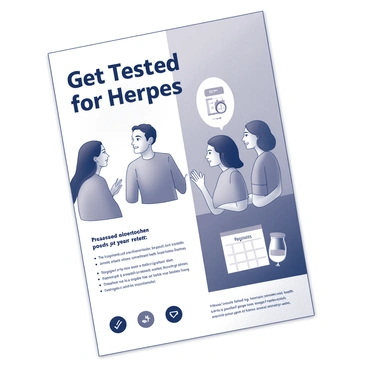 A public awareness campaign poster featuring a large central text that reads "Get Tested for Herpes" in bold, easily readable font. The background consists of a split design: one side illustrates people of diverse backgrounds and ages engaging in a conversation, emphasizing openness and dialogue about health. The other side displays a simple infographic depicting statistics related to herpes testing, showcasing its importance. Icons of a test tube, a calendar, and a checkmark are incorporated to represent testing, regularity, and positive outcomes. There are supportive phrases in smaller text below the main title, encouraging individuals to take control of their health.