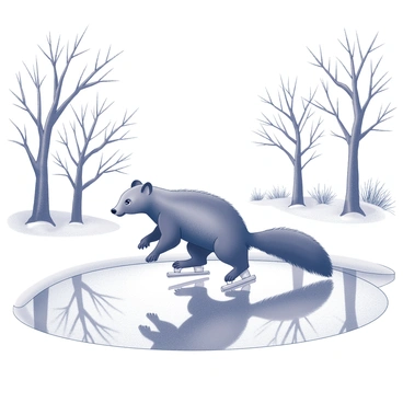 A skunk is skating on a frozen pond. The skunk moves smoothly across the ice, balancing on its hind legs with its front paws extended for stability. Surrounding the pond, there are leafless trees with intricate branches outlined against the winter sky. The surface of the pond is slick and reflective, mirroring the skunk’s playful movements. In the background, snow-covered ground adds texture to the scene, completing the winter atmosphere.