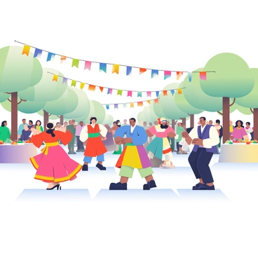 A vibrant festival scene is taking place in a large, open plaza filled with people from different cultures. In the foreground, a group of individuals dressed in colorful traditional attire from various cultures are dancing energetically. To the left, a woman in a red sari is twirling gracefully, while a man in a blue kimono is performing a series of intricate movements. In the center, a couple in Western formal wear are joined in a lively dance, blending elements from their cultures. 

Above them, colorful banners and flags representing various countries are strung between trees, creating a festive atmosphere. Tables adorned with a variety of dishes from around the world are set up on the side, showcasing a fusion of cuisines including sushi, tacos, and baklava. A diverse crowd is mingling, enjoying the music that blends traditional instruments with modern beats.