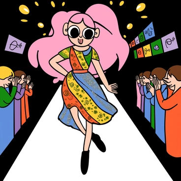 An anime girl with large, expressive eyes and long, flowing pink hair is confidently strutting down a brightly lit runway. She is wearing a stylish, shimmering dress that catches the light, with intricate patterns and vibrant colors. The audience in the background is clapping and cheering, creating an energetic atmosphere. The runway is decorated with elegant lights and banners, enhancing the excitement of the fashion show. The girl's pose is dynamic, showcasing her confidence and poise as she models the latest fashion design.