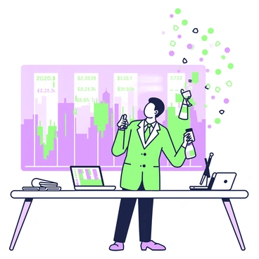 An investor is standing in a modern office with a view of the city skyline. He is wearing a tailored suit and holding a champagne bottle in his right hand while raising a glass filled with champagne in his left hand. Confetti is falling around him in vibrant colors. Behind him, there is a large digital screen displaying a stock market graph with upward trends and figures. A stylish desk is visible with a laptop, a financial newspaper, and a sleek pen placed neatly on top.