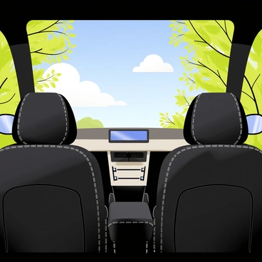A car interior featuring plush black leather seats with silver stitching. The dashboard has a modern design with an integrated touchscreen display. A panoramic sunroof stretches across the ceiling, allowing a clear view of a bright blue sky dotted with fluffy white clouds. Green tree branches with vibrant leaves are visible through the sunroof, framing the serene scene above. Sunlight streams into the car, highlighting the interior details and creating a warm atmosphere.
