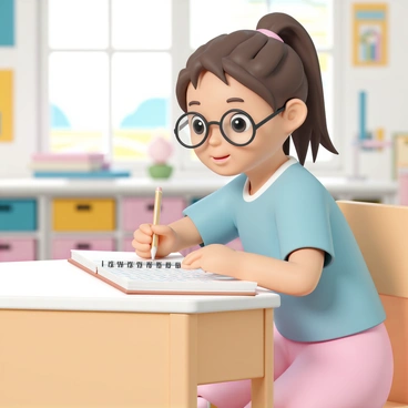 A young girl, wearing a light blue shirt and a pink skirt, is sitting at a wooden school desk. She has brown hair tied in a ponytail and is wearing round glasses. Her notebook is open in front of her, filled with neatly written notes. She is holding a pencil in her right hand and looking intently at the teacher at the front of the classroom. The classroom features colorful posters on the walls and a window showing a sunny day outside.