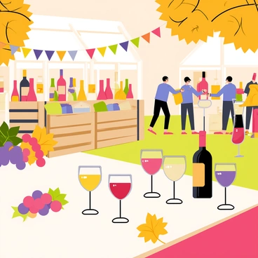 A vibrant harvest festival scene showcasing a wine tasting booth. The booth is decorated with colorful banners and filled with wooden crates of various wine bottles. Several wine glasses, each filled with different shades of red and white wine, are elegantly arranged on a polished table. There are clusters of grapes and autumn leaves scattered around the table, adding to the festive atmosphere. In the background, people are enjoying the festival, creating a lively and joyful environment.