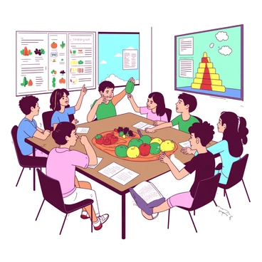 A group of students is sitting at a long table in a classroom, engaged in a health class focused on nutrition. Some students are taking notes, while others are looking at a large display of colorful fruits and vegetables placed in the center of the table. The display features vibrant green apples, bright red strawberries, yellow bananas, and orange carrots, all arranged neatly. One student is pointing at a chart on the wall that illustrates the food pyramid, while another student is holding up a green bell pepper for everyone to see. The classroom is bright and filled with educational posters related to healthy eating.