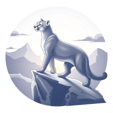 A cougar standing on a rocky mountain peak. The animal has a strong, muscular build with its head raised high, showing an alert posture. The background features distant mountains with jagged edges, and a vast sky filled with a gradient of light as the sun sets. Silhouettes of scattered clouds complement the scene. Below the peak, a valley can be seen, adding depth to the landscape. The overall composition highlights the pride and strength of the cougar in its natural habitat.