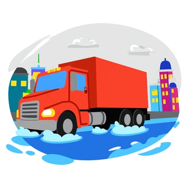 A large, bright red truck with a shiny metallic finish drives through a rainy city street. Water splashes up in arcs as the truck navigates through sizable puddles on the asphalt. The truck’s headlights illuminate the droplets falling from the gray, overcast sky. Surrounding the street are colorful buildings with wet surfaces reflecting the truck's vibrant color. Raindrops create ripples in the puddles, adding to the dynamic scene.