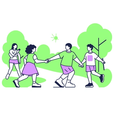 A group of three friends is engaged in a fun handover of a baton during a casual race in a park. One friend, a woman with curly hair, is running towards another friend, a man in a bright t-shirt, who is reaching out with his hand to receive the baton. The third friend, a woman with straight hair wearing shorts, is in the background cheering them on. Lush green trees frame the scene, and a clear path runs through the park. The sun casts soft shadows on the ground, highlighting the excitement of the moment.