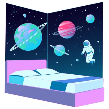 A bedroom wall is covered with a space-themed illustration. The illustration features several colorful planets, including a vibrant blue Earth, a red Mars, and a ringed Saturn, all intricately detailed. There are astronauts in sleek spacesuits floating through the design, each in different poses, interacting with the celestial bodies. Stars and distant galaxies add depth to the background, enhancing the cosmic atmosphere of the scene. The overall color palette is rich with dark blues, purples, and bright whites, creating a striking contrast against the wall.