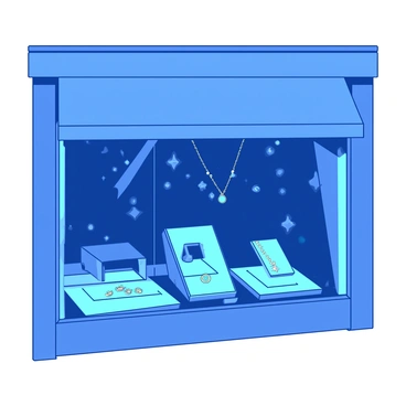 A blue jewelry store storefront features large glass windows showcasing sparkling rings and necklaces. Inside, velvet displays are arranged elegantly, highlighting the intricate designs of the jewelry. The rings are set against soft blue velvet and catch the light, creating a glimmering effect. Necklaces are draped gracefully over the displays, their gemstones reflecting light in various directions. The overall ambiance conveys luxury and sophistication, inviting passersby to admire the exquisite pieces on display.