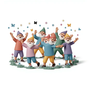 Seven cheerful dwarfs, each wearing colorful tunics and hats in shades of red, blue, green, yellow, and purple, are dancing joyfully in a circle. They have wide smiles and their arms are raised in excitement. Surrounding them are various woodland flowers, including daisies, bluebells, and wild violets, creating a vibrant scene. Butterflies in different colors, such as orange, black, and yellow, flutter around the dwarfs, adding to the lively atmosphere of the dance.