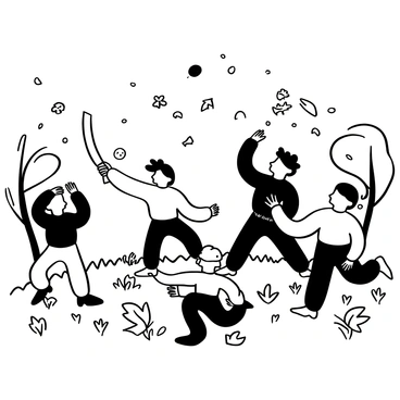 A group of playful goblins gathered in a wooded area, surrounded by trees and underbrush. The goblins are engaged in various activities, tossing and catching colorful leaves in the air. One goblin is swinging a stick like a sword, while another is crouched down, picking up a handful of leaves. Additional leaves are scattered across the ground, creating a textured carpet beneath them. The scene captures their energy and playfulness as they interact with nature.