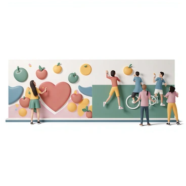 A large mural covering an entire wall of a school, featuring various students actively painting. The mural showcases a lively depiction of a "vibrant heart health theme" with colorful images of hearts, fruits, and vegetables. One section displays a red heart surrounded by green apples and yellow bananas. Another area illustrates a diverse group of students exercising, doing activities like jogging and cycling. Bright colors such as red, green, yellow, and blue dominate the mural, creating an energetic and inviting atmosphere surrounding the theme of health and wellness.