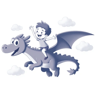 A cartoon boy is riding on the back of a dragon. The dragon has large, friendly eyes and a wide grin. The dragon's wings are outstretched, soaring through the clouds. The boy is wearing a simple shirt and shorts, with his hair flowing in the wind. The clouds are fluffy and billowy, surrounding them as they fly high in the sky. The boy's arms are raised in excitement, capturing the joy of the moment. The dragon's scales have a textured appearance, adding depth to its friendly demeanor.
