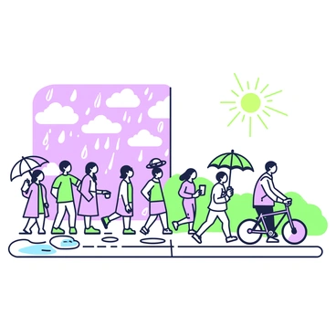 A scene depicting a divided sky, with distinct weather conditions on each side. On the left, there are people walking with umbrellas raised, wearing raincoats and puddles forming on the ground beneath their feet. The individuals are of various ages and ethnic backgrounds, some standing close together while others stroll alone. On the right, the sunlight streams down on people wearing sun hats, dressed in light clothing and sunglasses, enjoying the warm weather. They carry drinks in hand, some smiling and chatting while others are jogging or cycling. The transition between the two sides of the sky is clear, highlighting the contrast between rain and sunshine.