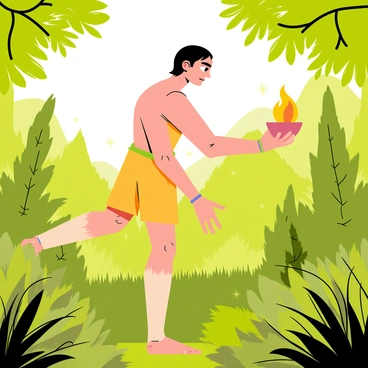 Prometheus, a tall figure with a muscular build, is depicted sneaking through a lush green forest. He has dark hair and a determined expression on his face. In one hand, he carries a small glowing flame, carefully cradled in a makeshift clay bowl. The background is filled with vibrant trees and foliage, and faint hints of distant mountains can be seen. Prometheus frequently glances over his shoulder, showcasing a sense of caution and alertness. The scene conveys a sense of urgency as he navigates through the underbrush, with small patches of sunlight filtering through the leaves above.