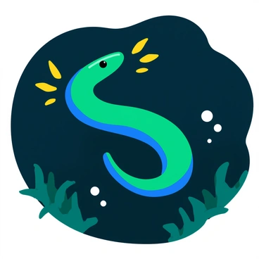 An electric eel with a long, slender body is swimming gracefully through murky water. The eel's skin has iridescent shades of blue and green, reflecting light as it moves. Surrounding the eel are bright, glowing electrical sparks radiating outward, illuminating the dark water around it. Bubbles rise from the eel as it glides through the murkiness, creating a sense of motion. The background features blurred aquatic plants swaying gently in the current.