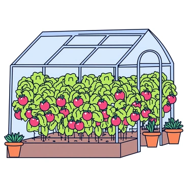 Inside a greenhouse, there are rows of tomato plants with lush green leaves. Each plant is heavy with bright red, ripe tomatoes, some hanging down and others nestled among the foliage. The greenhouse structure has clear glass panels, allowing sunlight to stream in, illuminating the vivid colors of the plants. The floor is covered with soil and small stones, giving it a natural look. There are also small pots with herbs placed on one side, adding to the variety of plants in the greenhouse.