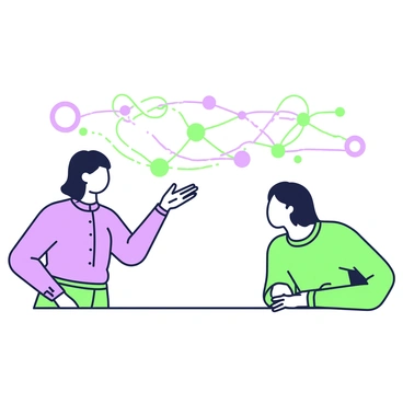 A person with medium-length hair is standing and speaking, facing an attentive listener who is sitting across from them. The person is wearing a fitted shirt and gesturing with one hand towards a series of swirling lines that visually represent the transmission of their message. The attentive listener, wearing a casual sweater, is leaning forward, actively engaged in the conversation. Between them, a series of interconnected circles and lines illustrate the flow of communication, creating a visual connection in the air.