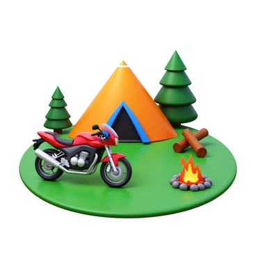 A BMW motorcycle parked on a grassy area near a campsite. The motorcycle is shiny and well-maintained, showcasing its sleek design and distinct features. Nearby, there is a large, pitched tent with a vibrant color, providing a cozy shelter. A campfire is crackling beside the tent, with glowing embers and a few logs arranged around it. In the background, there are some trees providing a sense of nature and wilderness, creating a peaceful camping atmosphere.