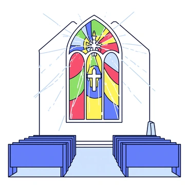 A church interior featuring a large, colorful stained glass window. Sunlight streams through the window, illuminating the space with vibrant hues of red, blue, green, and yellow. The intricate designs of the stained glass depict religious themes. The floor is made of smooth stone tiles, and pews are arranged neatly in rows, bathed in the colorful light. The walls of the church have a simple, white finish that complements the brightness of the stained glass.