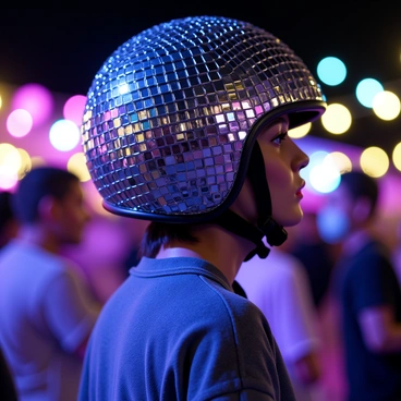 A person standing in a lively environment, wearing a helmet shaped like a disco ball. The helmet is reflective and covered in small mirrored tiles that catch the light from various sources, creating a dazzling effect. The event is at night, with colorful lights illuminating the surroundings. The person's clothing is casual, complementing the playful theme of the helmet. The atmosphere is vibrant and festive, filled with energy.
