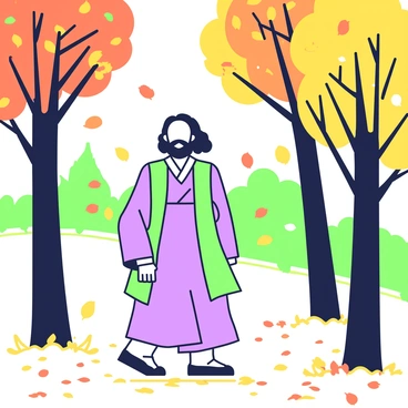 A man resembling Rabindranath Tagore is walking through an autumn forest. He has long hair and a beard, wearing a flowing robe that moves gently with his steps. The trees around him are tall and their branches are adorned with vibrant autumn leaves. Some leaves are swirling around him in the breeze, creating a dynamic scene. Sunlight filters through the branches, casting soft shadows on the ground covered in fallen leaves. In the background, other trees can be seen, their trunks sturdy and their foliage a mix of colors.