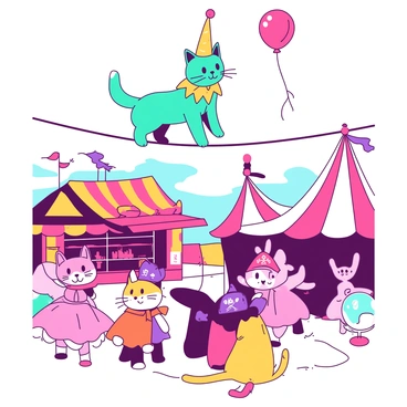A teal cat wearing a bright yellow jester costume is balancing on a colorful tightrope above a bustling carnival scene. Below, a group of playful cats in various colorful outfits, including a pink fairy costume and an orange superhero cape, are gathered, watching in excitement. Nearby, a yellow cat adorned with a purple pirate hat is playfully swatting at a floating balloon. The carnival is filled with bright stalls and festive decorations, creating a lively atmosphere all around them.