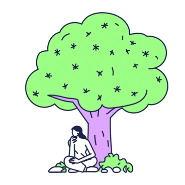 A large tree with a thick trunk and an extensive canopy, covered in sharp thorns, dominates the scene. Its branches extend outwards, creating a dense, protective barrier. Beneath the tree, a person sits on the ground with their legs crossed, deep in thought. The person has long hair and is dressed in a simple, neutral-toned outfit. Their posture is relaxed yet introspective, as they gaze upward towards the thorns. Surrounding the base of the tree, a few scattered leaves and small rocks can be seen, adding to the natural setting.