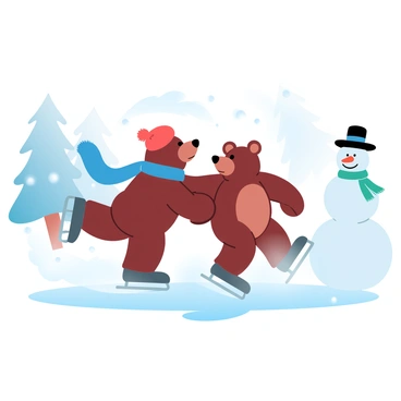 Two cartoon bears are skating together on a snowy ice rink. One bear has a blue scarf fluttering behind it while the other has a red hat perched on its head. They are gliding smoothly across the ice, leaving behind playful trails. Snowflakes are gently falling from the sky, adding a whimsical touch to the scene. In the background, there are pine trees dusted with snow, enhancing the winter atmosphere. A large snowman can be seen nearby, wearing a carrot nose and a green scarf.