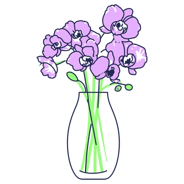 A collection of exotic orchids is elegantly arranged in a minimalistic vase. The vase is tall and slender, made from transparent glass, allowing the viewer to appreciate the smooth curves of its form. The orchids display intricate petals with unique patterns and textures, some featuring delicate frills. Green stems rise from the base of the vase, creating a pleasing contrast with the vibrant colors of the flowers. Surrounding the base of the vase, the surface is smooth and polished, reflecting the beauty of the arrangement above.