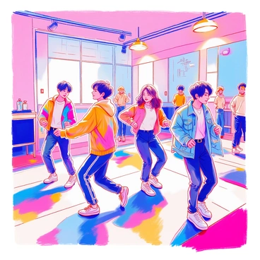 A lively dance practice session is taking place in a spacious studio. The members of BTS are wearing casual clothes; one member is in a colorful oversized hoodie, another in a fitted t-shirt and joggers, while a third member is in a denim jacket and cargo pants. They are actively dancing in unison, each showcasing their unique energy and style. The studio floor is reflective, and large mirrors line one wall, capturing their movements. Dance equipment, such as mats and water bottles, are scattered around the room, contributing to the dynamic atmosphere. Bright studio lights highlight their expressions and movements.