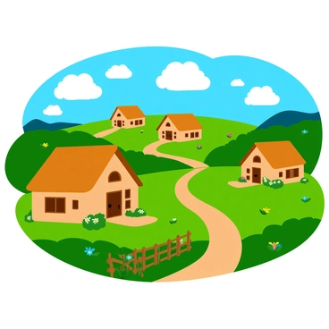 A cozy countryside village featuring a collection of rustic houses with thatched roofs and wooden beams. The houses are painted in warm, earthy tones of brown and green. Lush green fields surround the village, dotted with wildflowers in various colors. A winding dirt path leads through the village, connecting the houses. In the foreground, a small wooden fence separates the path from a garden filled with blooming flowers. The sky above is bright blue with fluffy white clouds scattered throughout. The entire scene is laid out on a 30x20 board, showcasing the idyllic charm of the countryside.