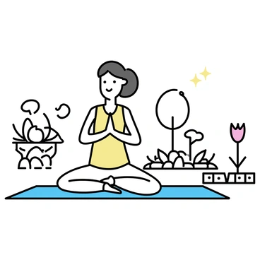 A person is performing a yoga pose on a grassy area in a garden. They are wearing comfortable, loose-fitting clothing and have long hair tied back. Surrounding them are various plants and flowers, with a few small trees providing shade. In the background, there are stones arranged in a path and a small fountain gently flowing. The atmosphere appears calm and peaceful, enhancing the practice of yoga.