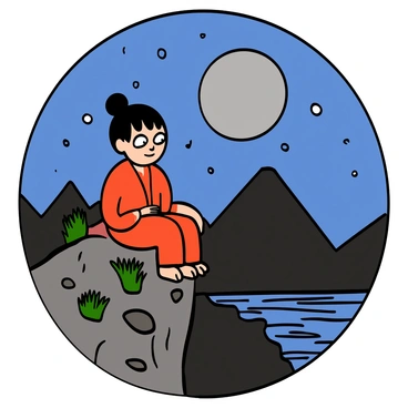 A young man with dark hair and a determined expression, wearing a traditional kimono, is sitting on a rocky cliff. He has big eyes that reflect the glow of the full moon. The moon is large and bright in the night sky, casting a silvery light over the landscape. The cliff is rugged, with sharp rocks and patches of grass. In the background, there are distant mountains silhouetted against the starry sky, creating a serene atmosphere. The young man gazes thoughtfully at the moon, lost in contemplation.