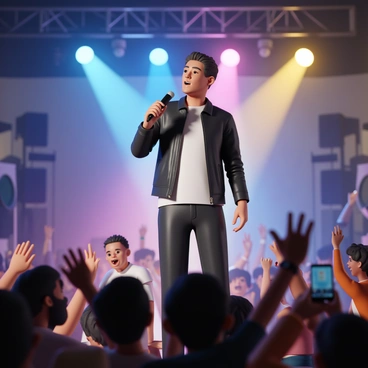 A 3D human figure, a male musician, is standing on a stage with a microphone in hand. He is wearing a black leather jacket, a white T-shirt, and dark jeans, showcasing a confident pose as he sings passionately. The stage is illuminated with vibrant blue, pink, and yellow lights creating a dynamic atmosphere. In the foreground, an energetic crowd of diverse people is dancing and cheering, some with their hands raised, while others are holding their phones to capture the moment. The background features speakers and colorful spotlights casting beams of light across the scene.