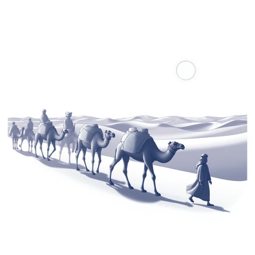 A caravan of travelers moving through a vast desert landscape. The group consists of several camels, each carrying heavy packs, trudging along the sandy terrain. In the foreground, a few travelers can be seen, wearing traditional desert attire that includes flowing robes and headscarves to shield themselves from the sun. All around them, the endless sand dunes rise and fall, creating a rippled texture across the ground. The sun hangs high in the clear sky, casting strong shadows on the sand and illuminating the scene with harsh light.