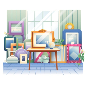 A quaint antique shop display features a variety of vintage picture frames stacked and leaning against the aged wooden walls. The frames vary in size and design, some with intricate carvings and others painted in soft pastel colors. A small wooden table in the center holds a single ornate frame with a faded photograph inside. Sunlight filters through the shop's window, casting gentle shadows on the floor, highlighting the textures of the frames and the worn walls. A few decorative items, such as a small globe and an antique clock, are also placed on the table, adding to the shop's charm.