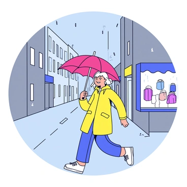 A woman holding a bright red umbrella is strolling down a rainy city street. The street is lined with tall, gray buildings that reflect the wet pavement. Raindrops are visible falling from the sky, creating small splashes as they hit the ground. The woman is dressed in a yellow raincoat and has a cheerful expression. She walks past a shop window displaying colorful merchandise, adding to the vibrancy of the scene.