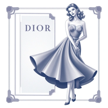 A glamorous model is posing confidently in a vintage setting reminiscent of the 1950s. She wears an elegant dress that flares out from the waist, showcasing intricate details and a classic silhouette. Her hair is styled in soft waves, reflecting popular fashion of the era, and she has bold makeup accentuating her features. The advertisement includes the text “Dior” prominently displayed in an elegant font, and the overall composition incorporates art deco elements like geometric shapes and ornate borders. The background features subtle patterns that enhance the retro aesthetic without overpowering the model.