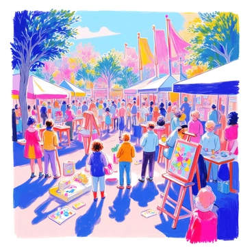 An outdoor art festival in Birmingham features a vibrant scene filled with various artists showcasing their artwork on easels and tables. Each artist has a unique style, with colorful paintings, intricate sculptures, and handmade crafts displayed. The artists are engaged in conversations with members of the public, sharing their creative processes and inspiration. In the background, a cluster of large colorful banners flutters in the gentle breeze, and attendees are seen enjoying the atmosphere, some admiring art while others are participating in interactive art activities. The scene is lively and full of energy, with a variety of people of different ages and backgrounds.