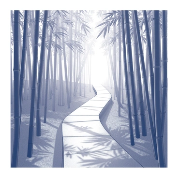 A narrow, winding path is depicted leading through a dense bamboo grove. The bamboo stalks are tall and slender, creating a natural corridor that frames the pathway. The light filtering through the leaves casts delicate shadows on the ground, illuminating sections of the path. The scene has an inviting atmosphere, with the lush green foliage surrounding the path creating a sense of tranquility. The texture of the bamboo is detailed, showcasing the natural variations in the bark.