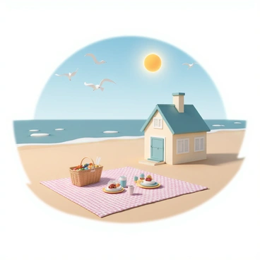 A picnic setup on a sandy beach, featuring a large, checkered blanket spread out on the ground. The blanket is adorned with an assortment of colorful plates and glasses, accompanied by a woven picnic basket filled with fruits and sandwiches. Beside the picnic area, there is a charming beach house painted in soft pastel colors, with white shutters and a small porch. In the background, gentle waves lap against the shore, while a few seagulls can be seen flying overhead. The sun shines brightly in a clear blue sky, casting warm light over the scene.